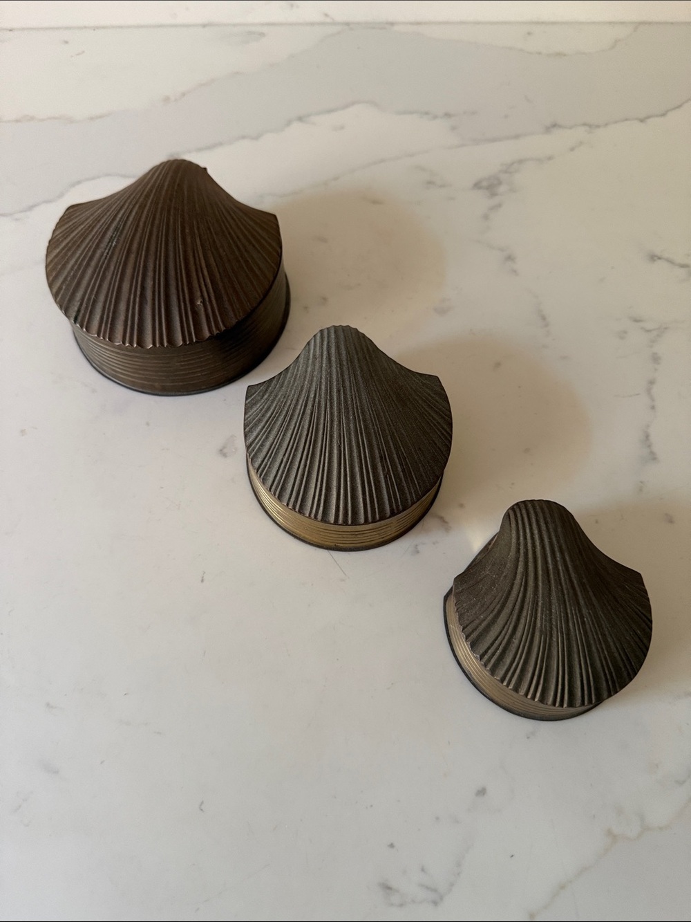 Vintage Nesting Brass Shell Trinket boxes Set of 3